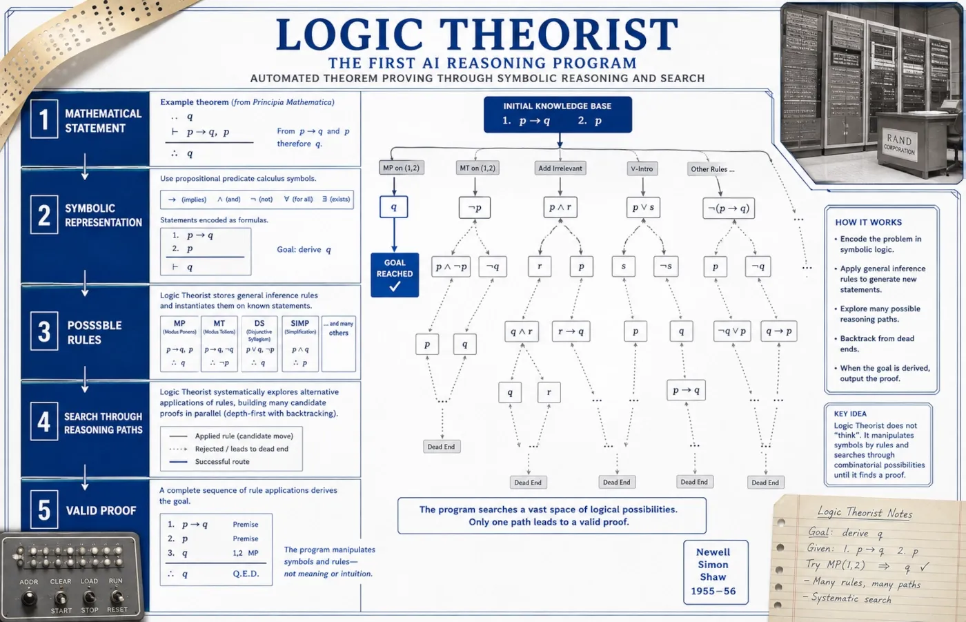 Diagram showing how Logic Theorist searched through symbolic reasoning steps to prove mathematical statements