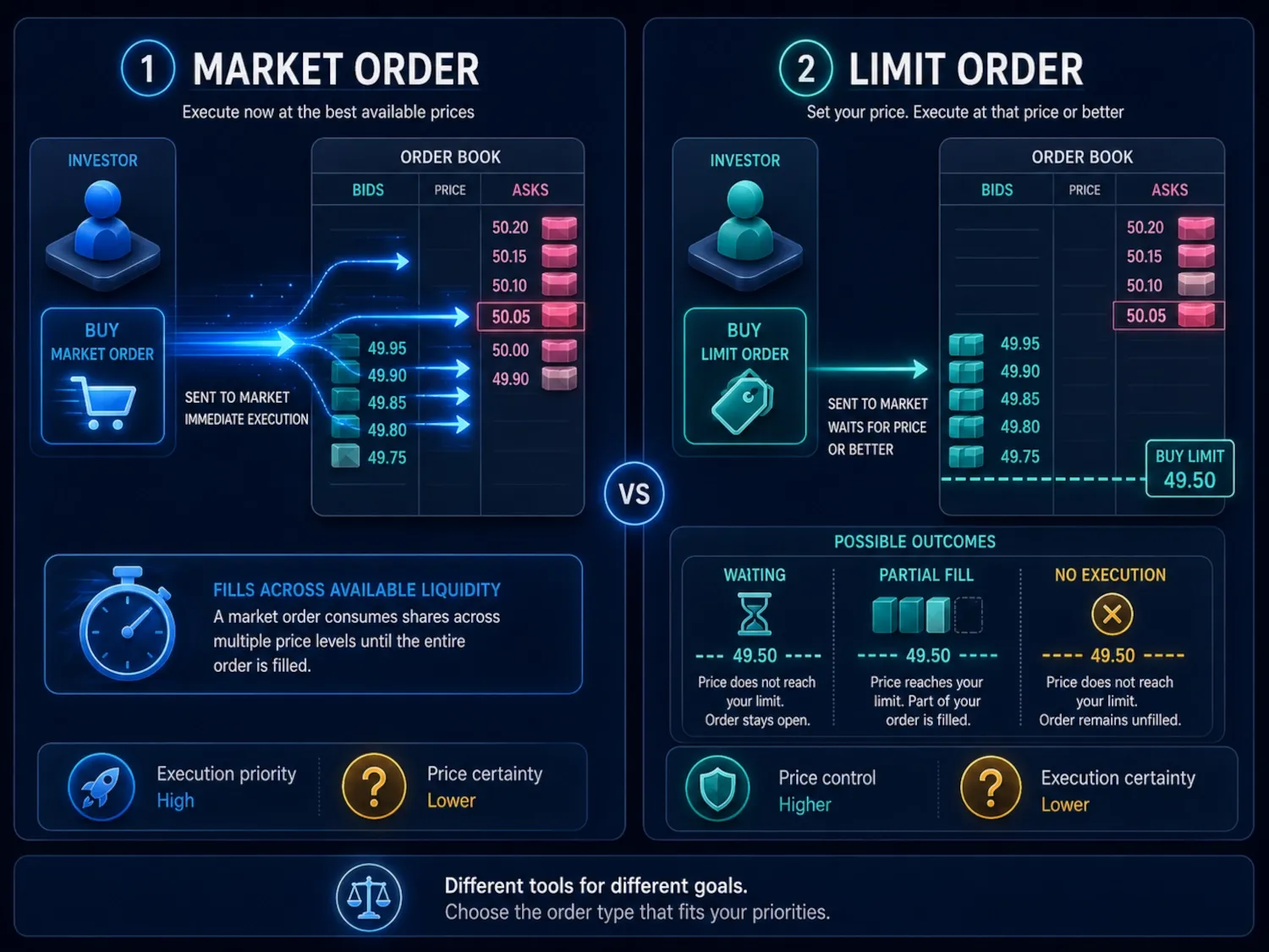 Comparison showing that market orders prioritize execution while limit orders prioritize price control