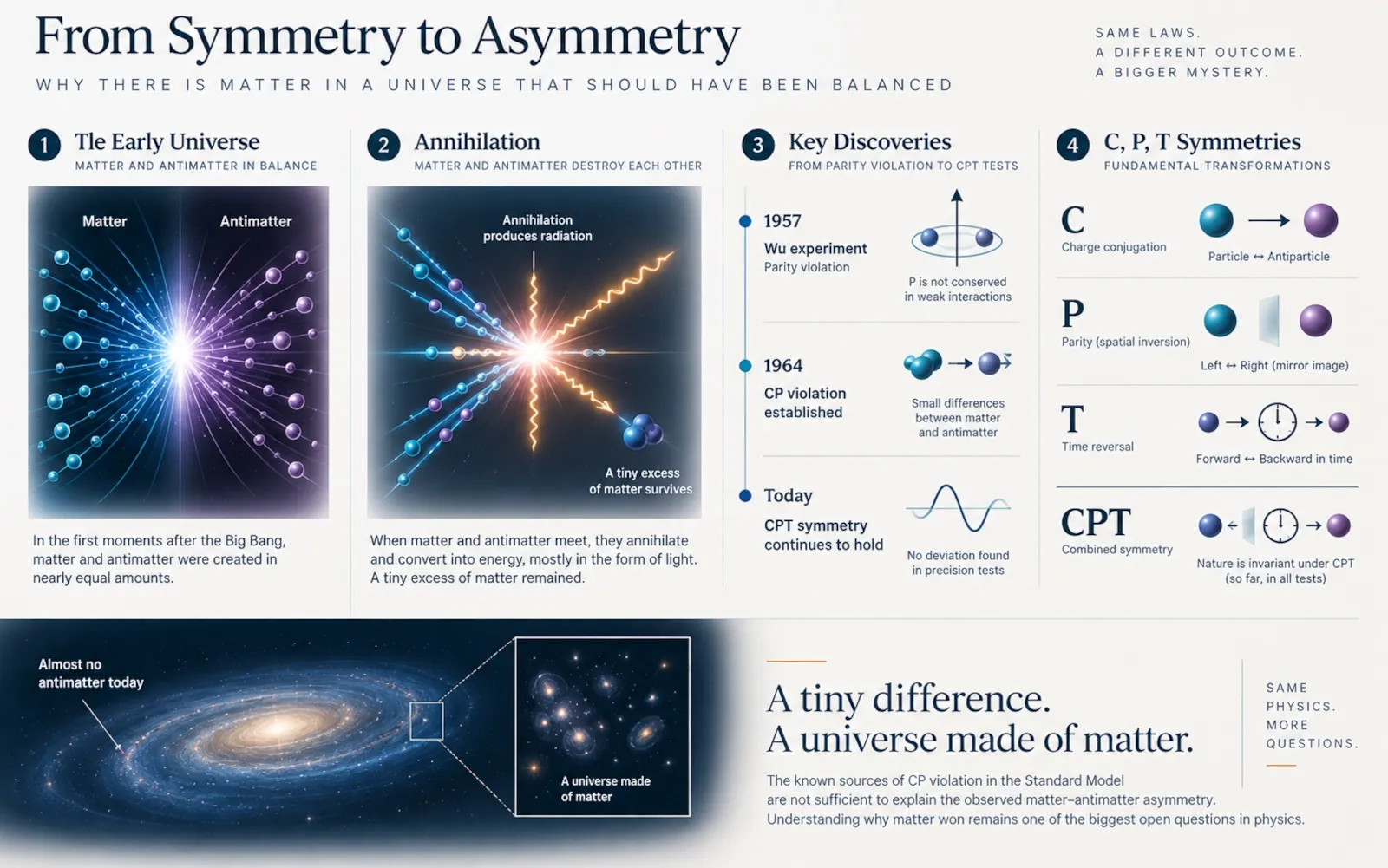 Infographic linking the early matter-antimatter asymmetry, parity violation, CP violation and CPT symmetry
