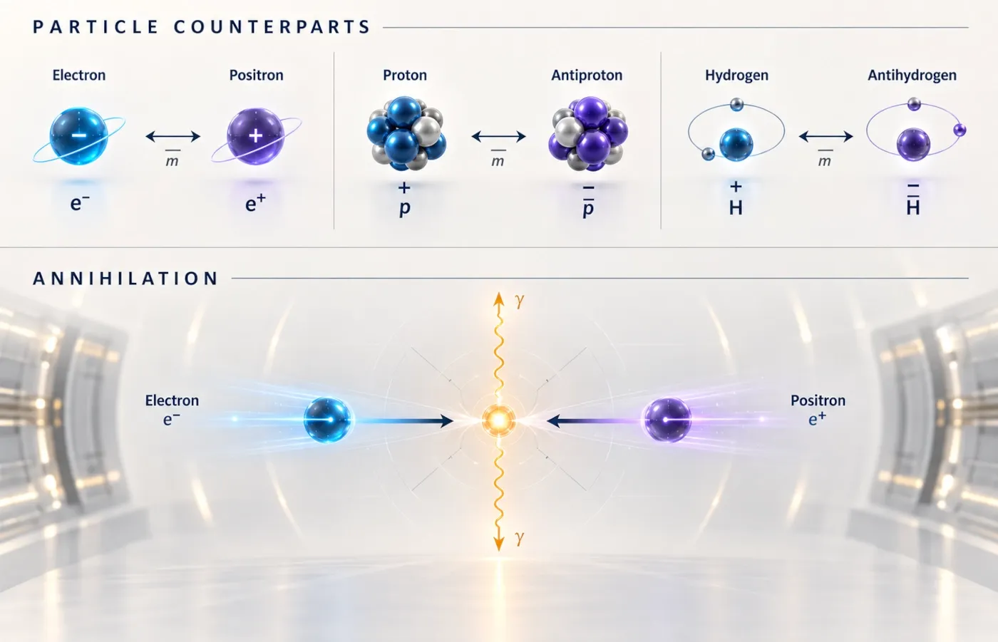 Infographic comparing electrons with positrons, protons with antiprotons, hydrogen with antihydrogen, and showing matter-antimatter annihilation