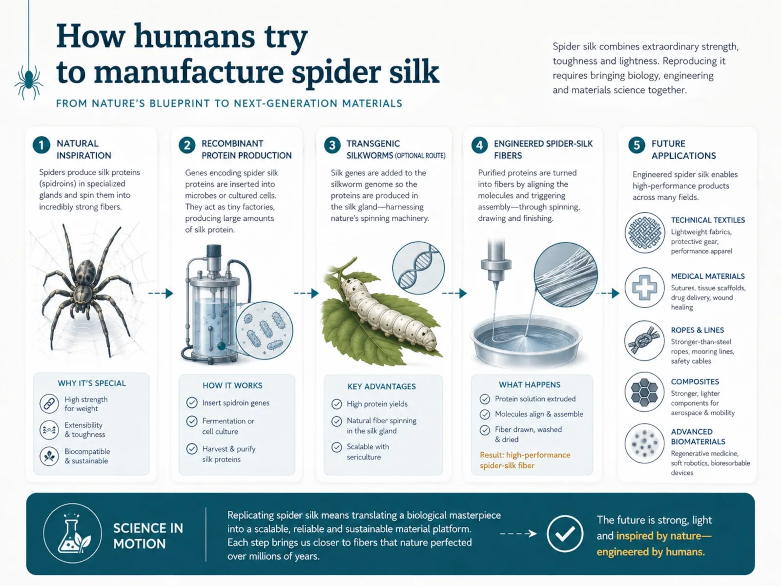 Diagram showing the progression from natural spider silk to recombinant proteins, transgenic silkworms and engineered fibers