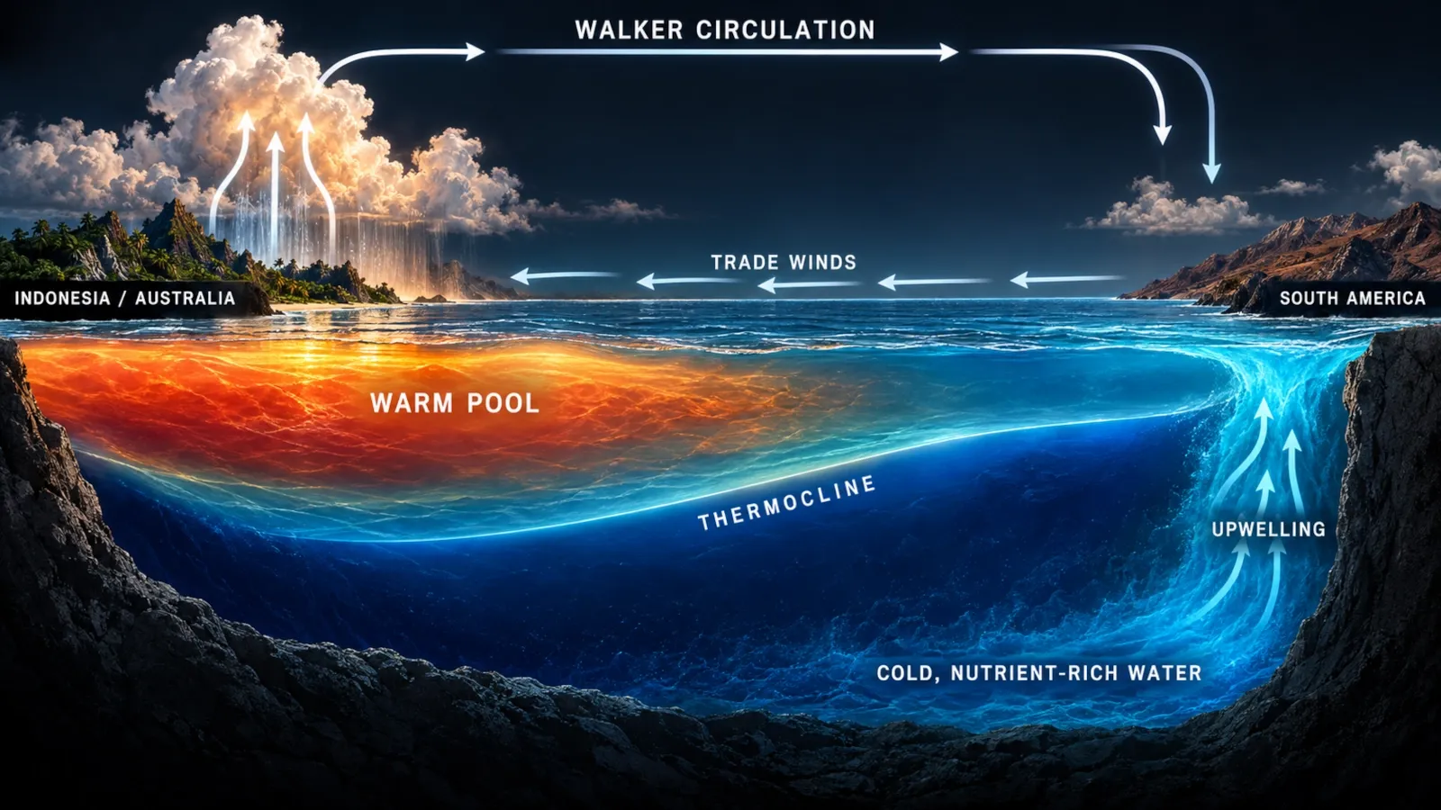 Cross-section of the tropical Pacific showing trade winds, warm water, thermocline and upwelling