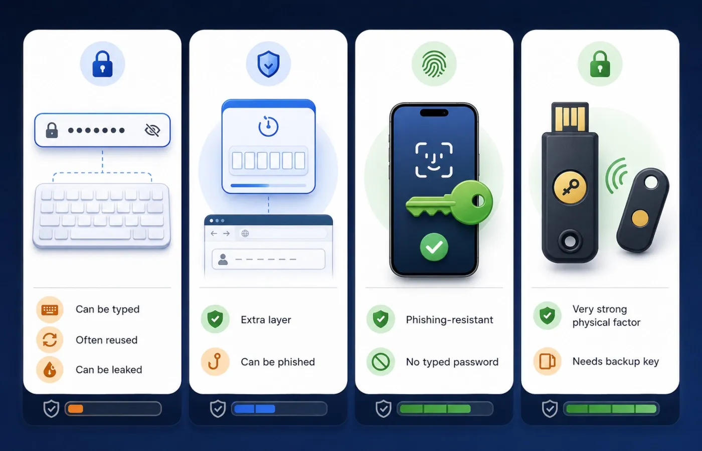 Comparison of password, two-factor authentication, passkey and hardware security key