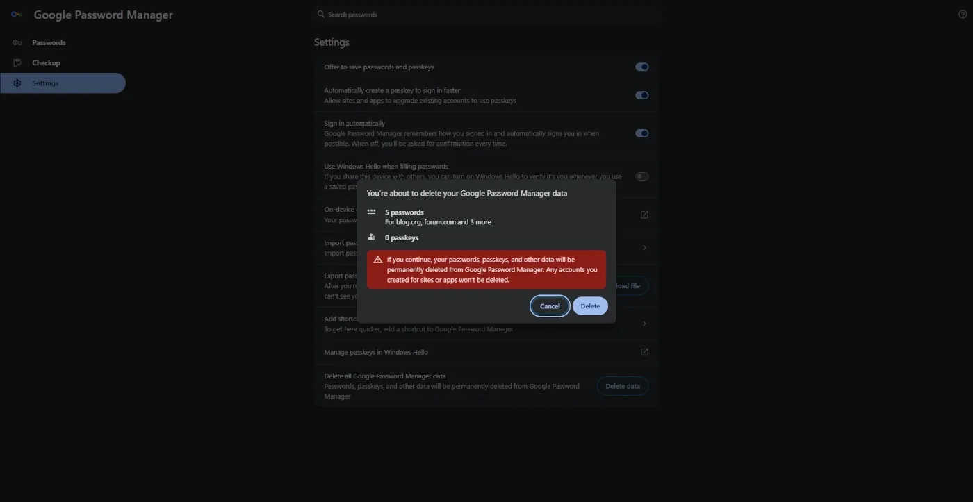 Warning concept showing passwords and passkeys included in a full Google Password Manager data deletion
