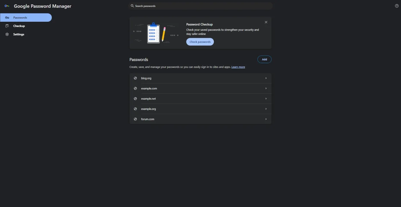 Google Password Manager showing saved credentials in the correct Google Account