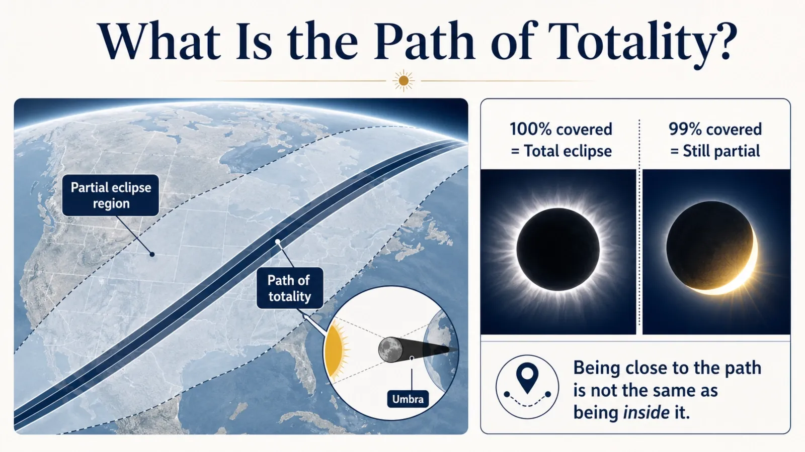 Map-style diagram showing a narrow path of totality inside a much larger partial-eclipse region