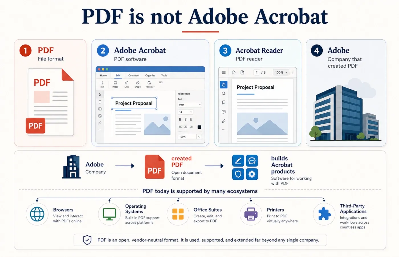 Infographic explaining the difference between PDF, Adobe Acrobat, Acrobat Reader and Adobe