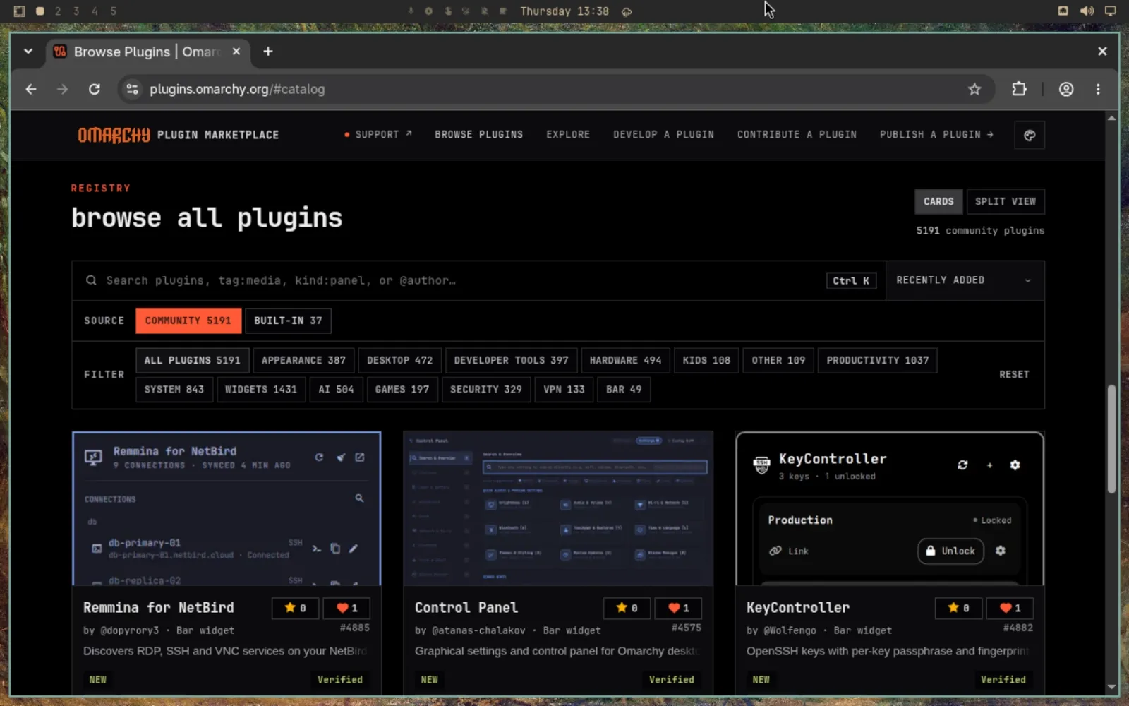 Omarchy plugin interface showing community extensions for the Quickshell desktop