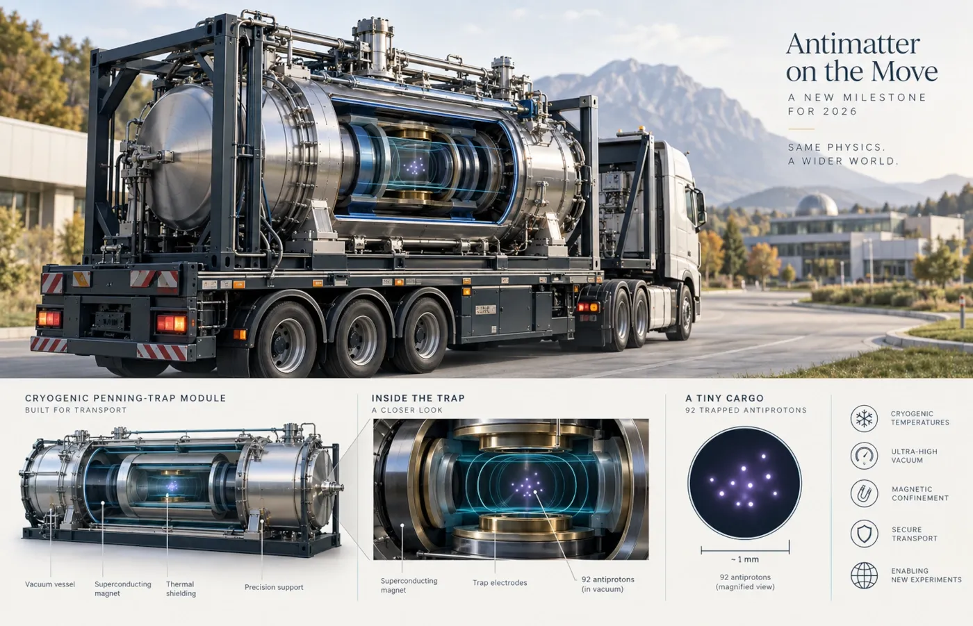Editorial illustration of a portable cryogenic Penning trap transporting 92 trapped antiprotons during CERN’s 2026 BASE demonstration