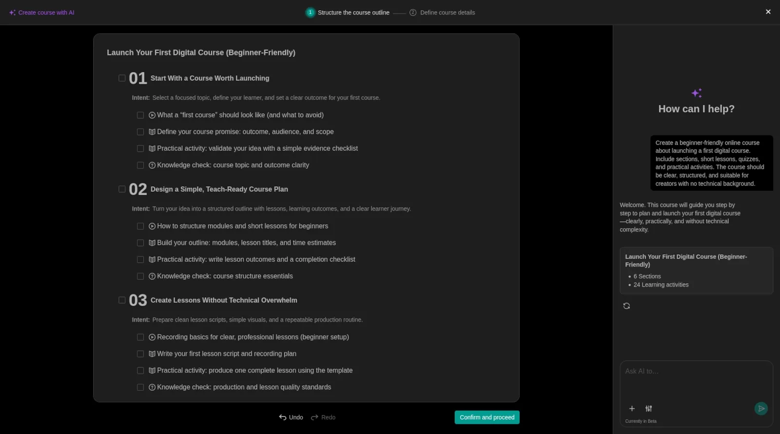 LearnWorlds AI assistant helping create an online course outline