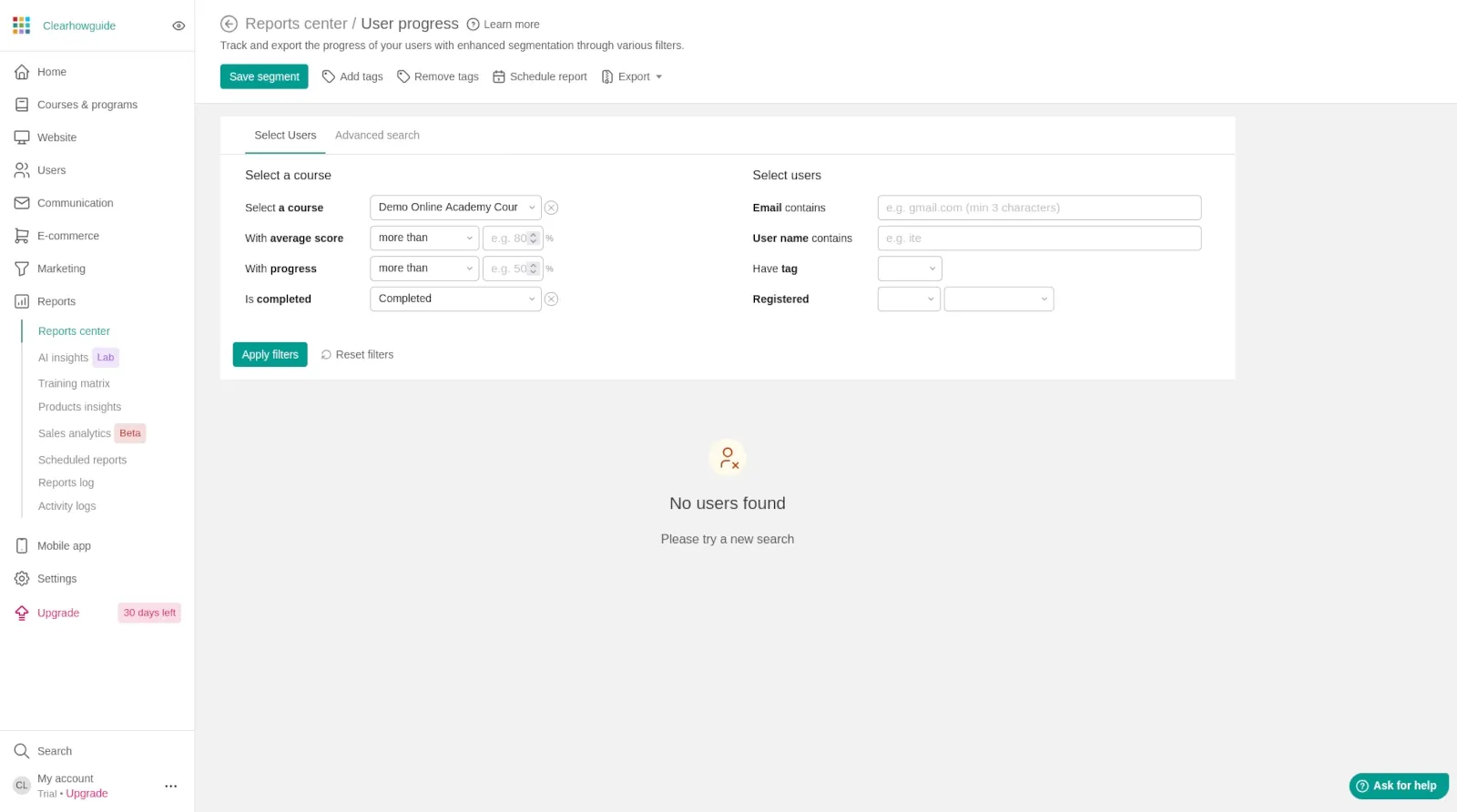 LearnWorlds analytics and reports dashboard showing learner progress and course activity