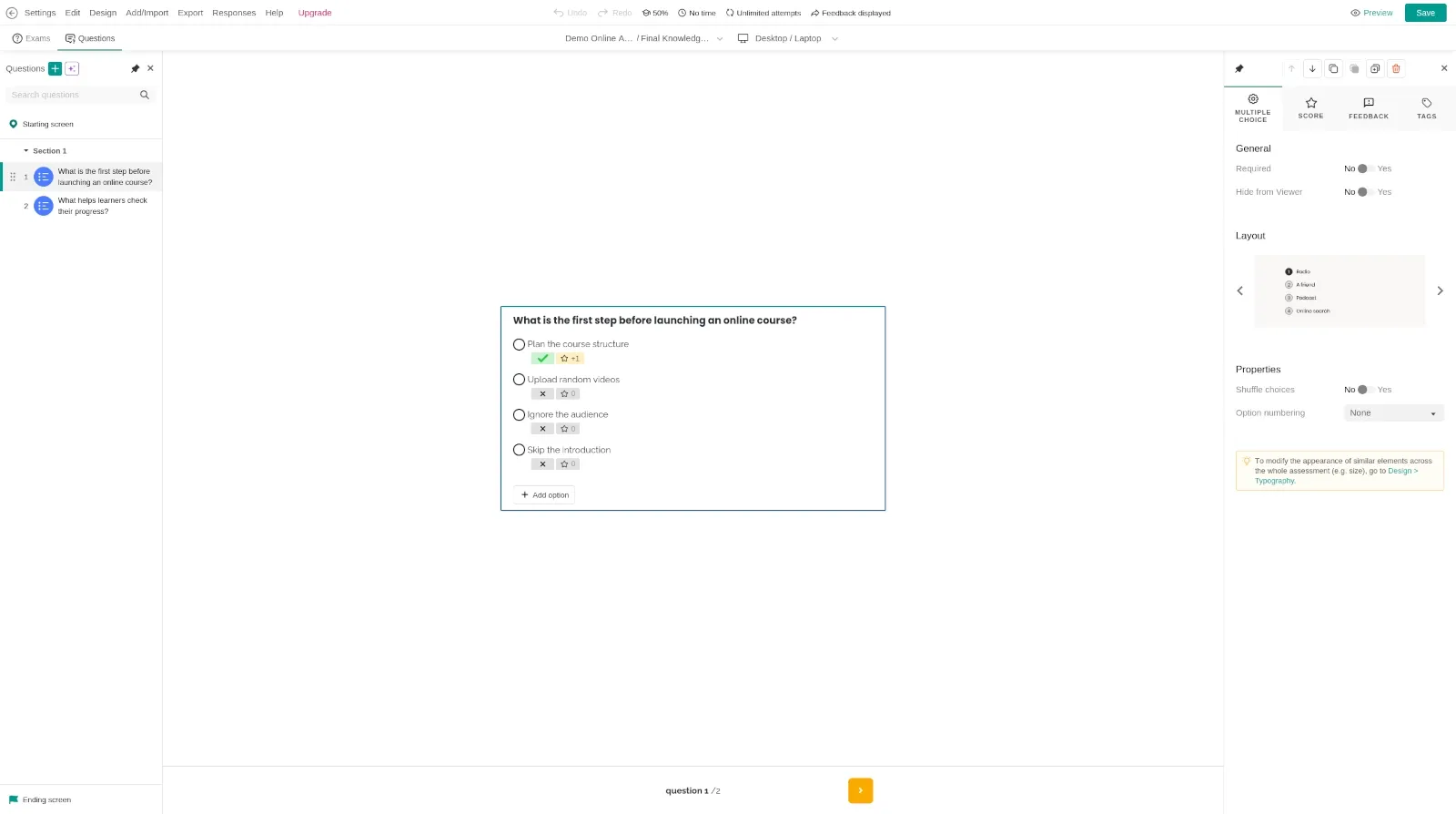 LearnWorlds assessment builder with quiz questions and certificate options