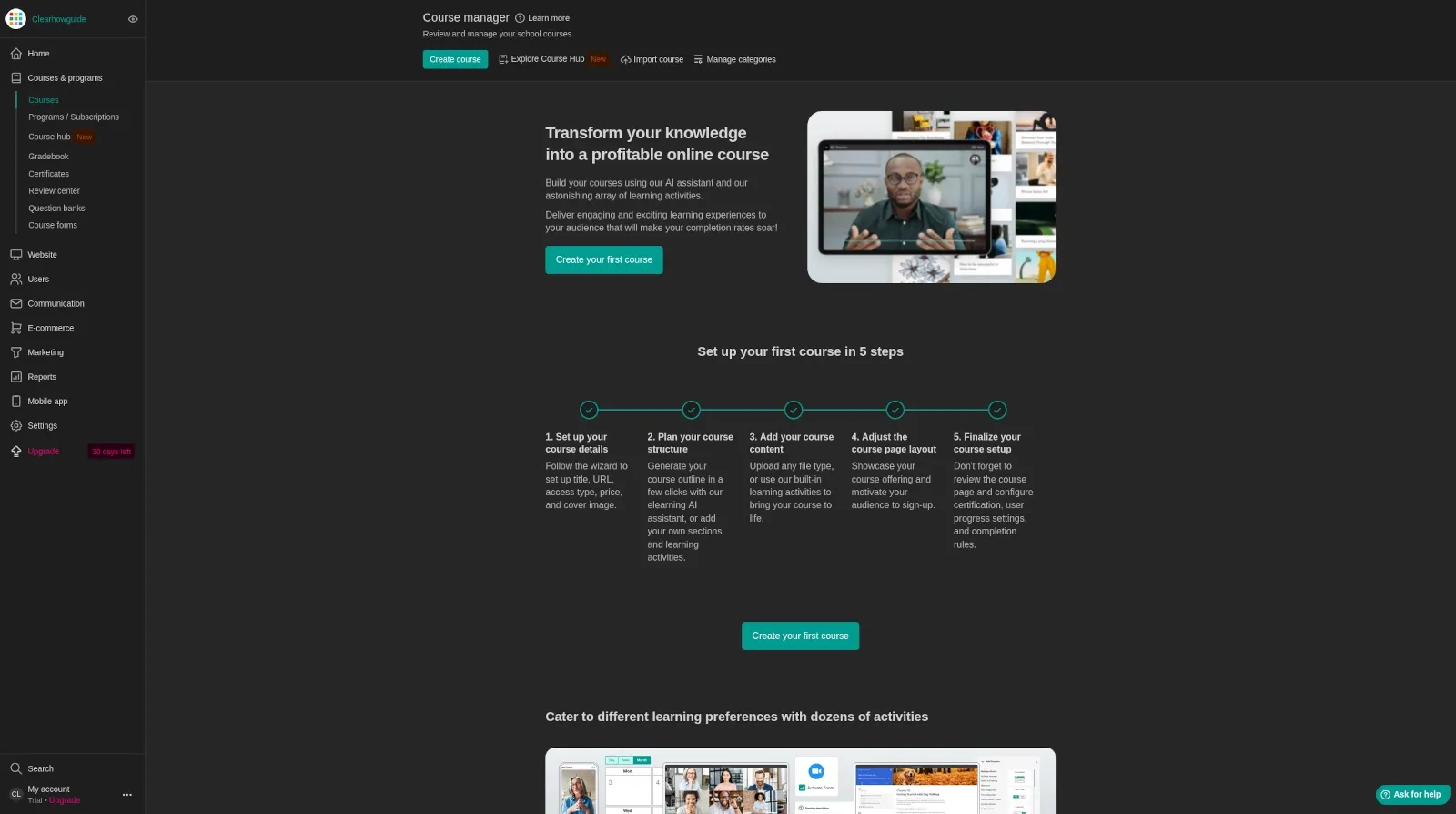 LearnWorlds course builder with modules and learning activities