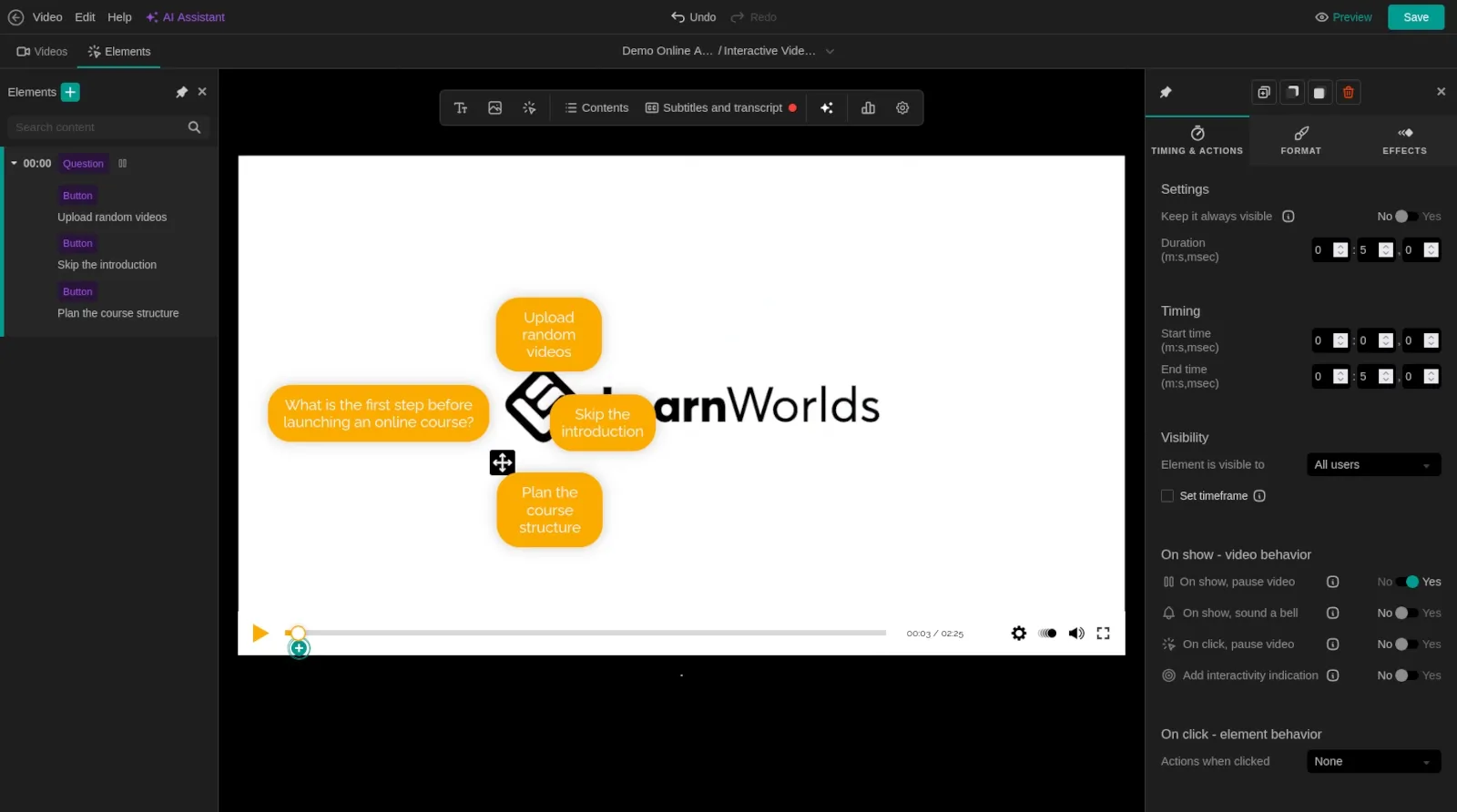LearnWorlds interactive video editor with learning elements inside a video lesson