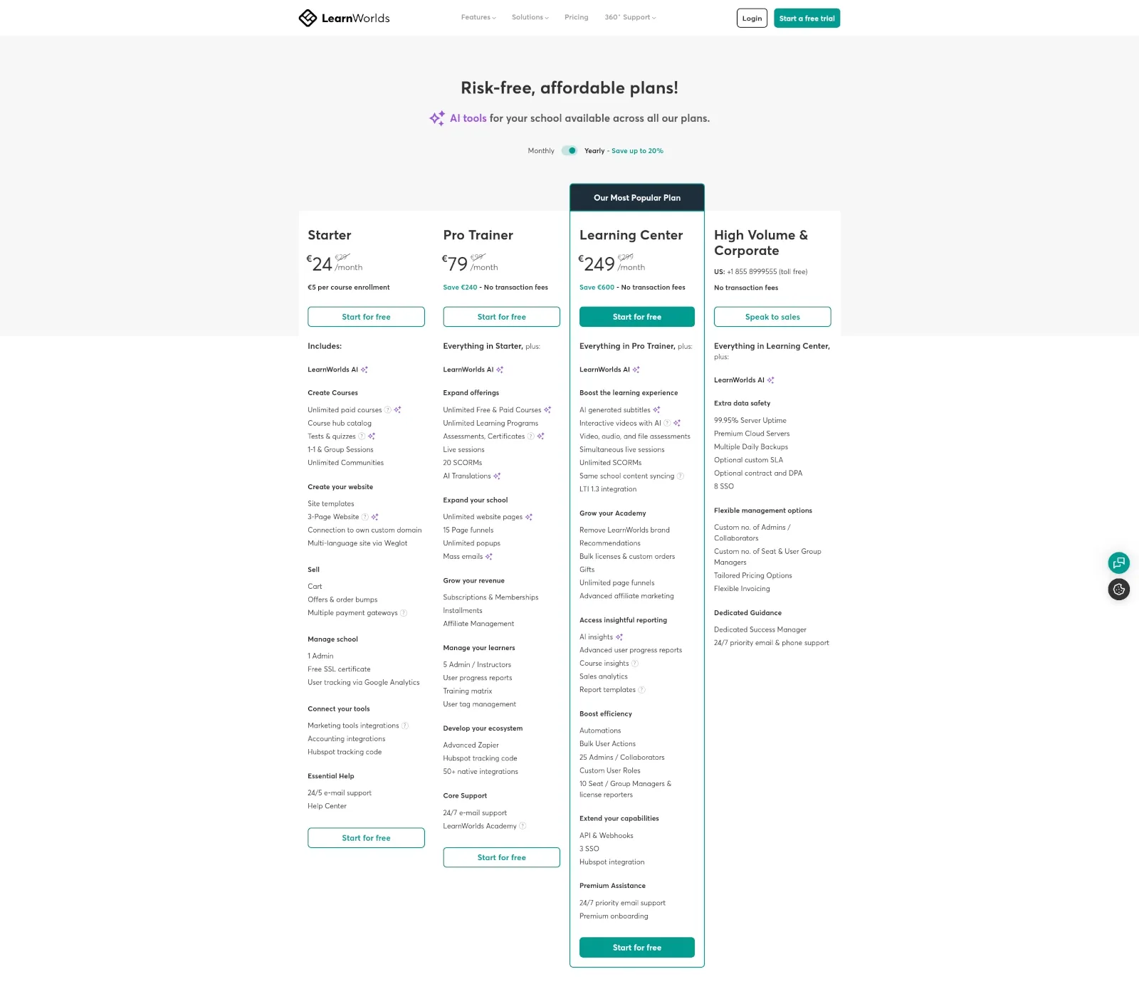 LearnWorlds pricing page showing available plans