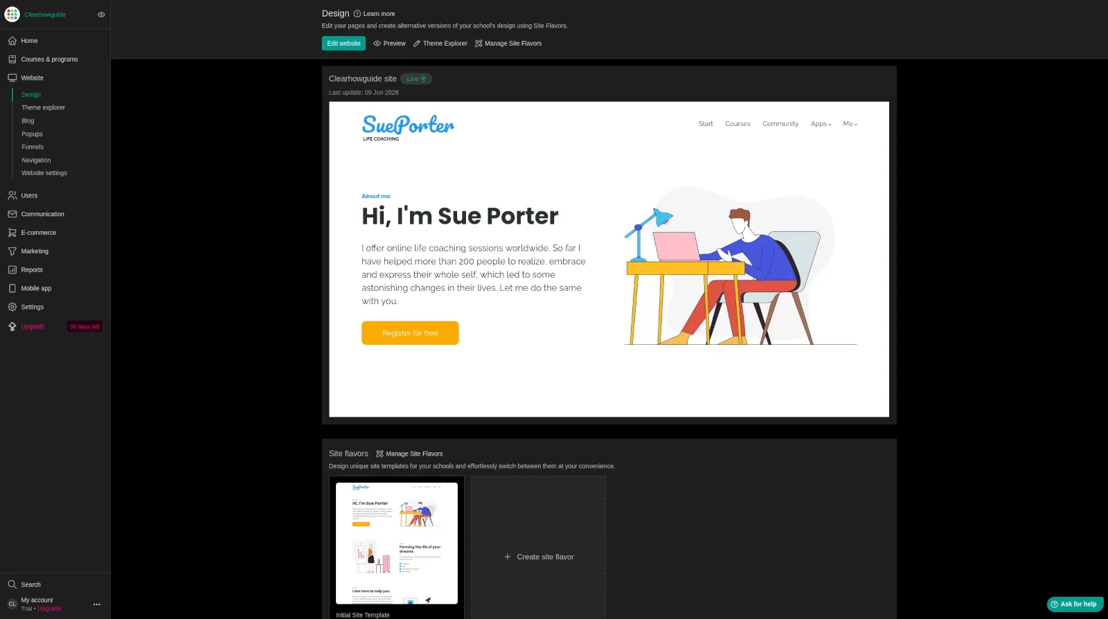 LearnWorlds website builder for creating a branded online academy page
