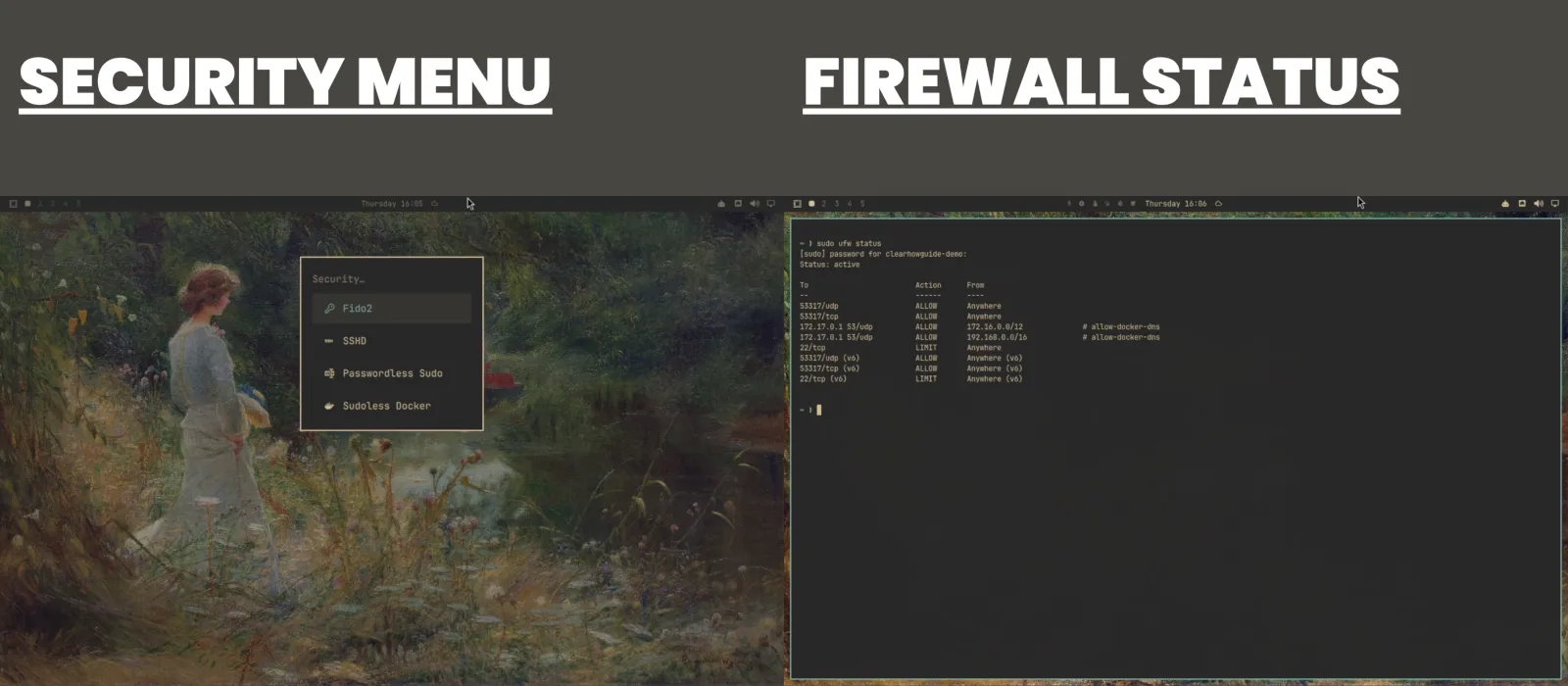 Omarchy security settings showing firewall and SSH configuration controls