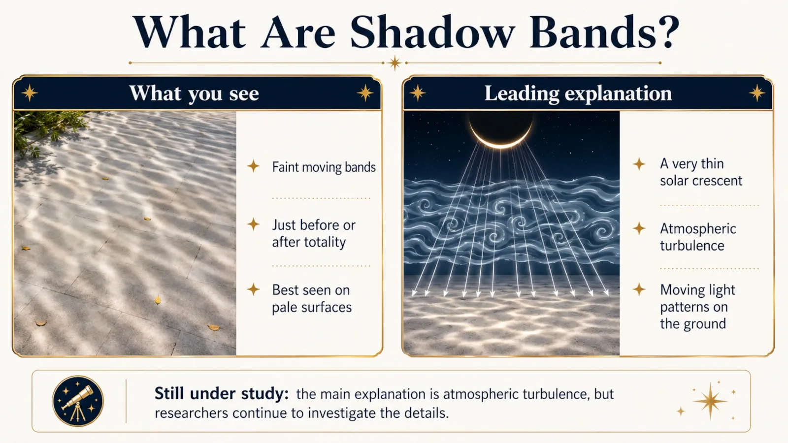 Faint moving light and dark shadow bands appearing on a pale surface immediately before totality