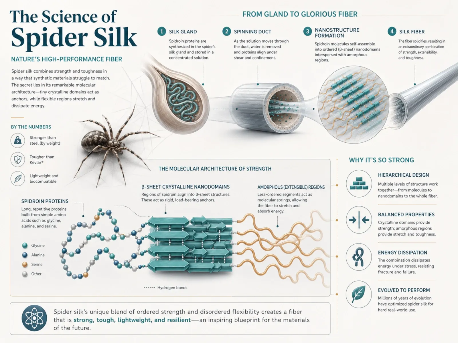 Simplified molecular diagram of crystalline nanodomains embedded in more extensible regions of spider silk