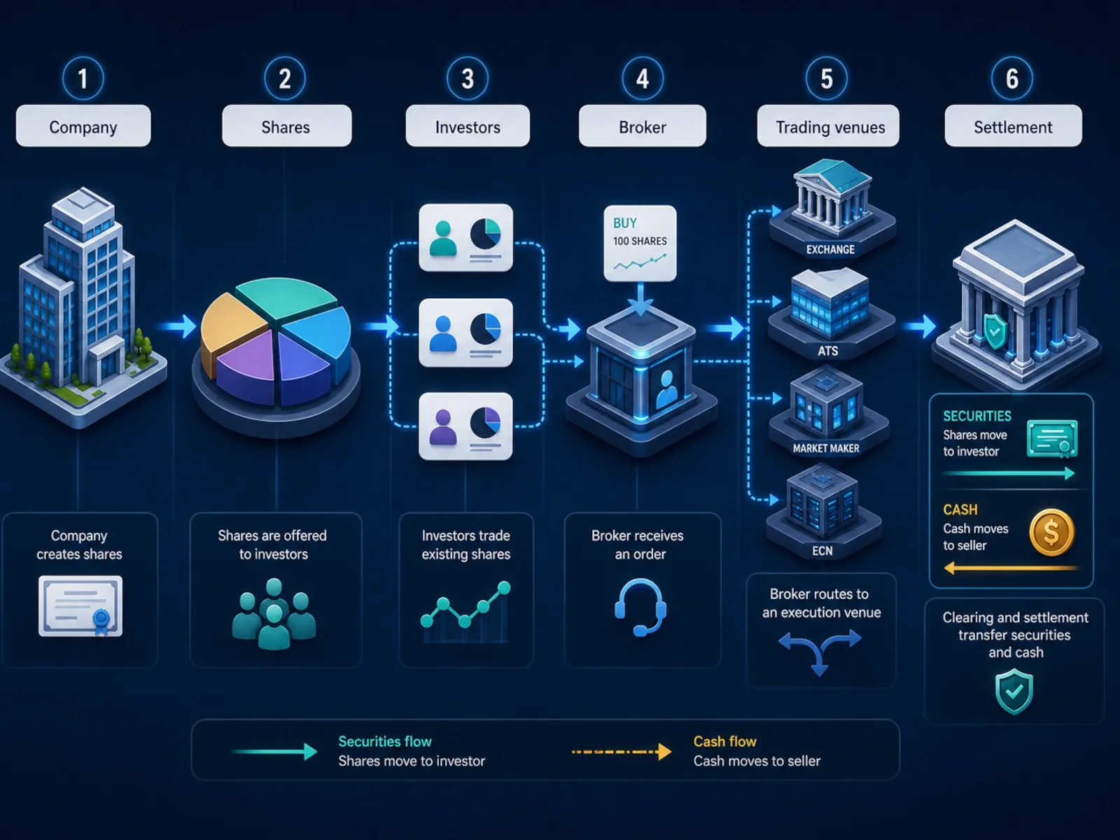 Stock-market ecosystem connecting companies, investors, brokers, execution venues, clearing and settlement