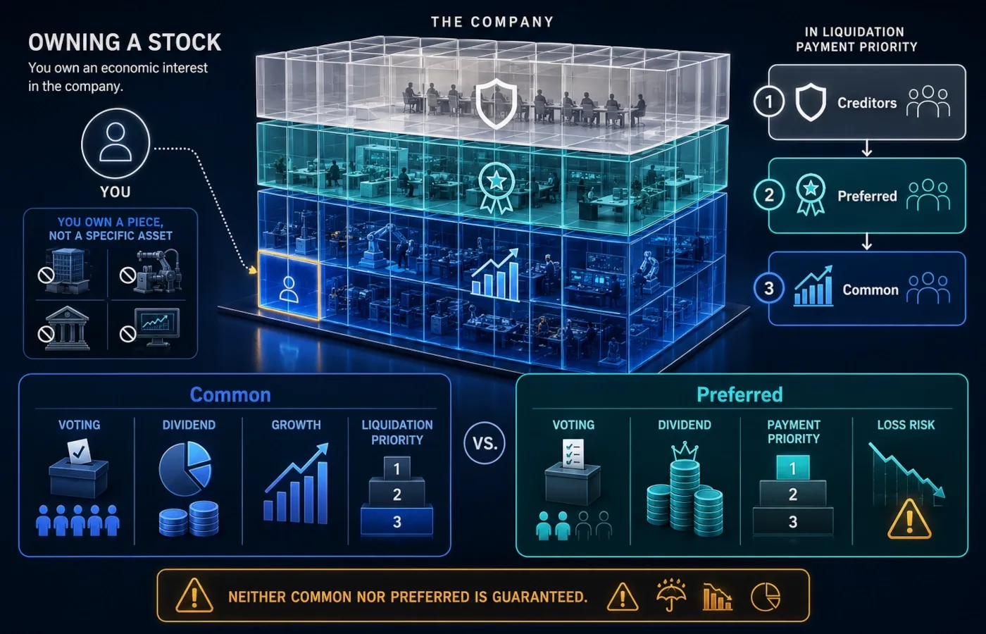 Company divided into shares showing common ownership rights and preferred shareholder priority