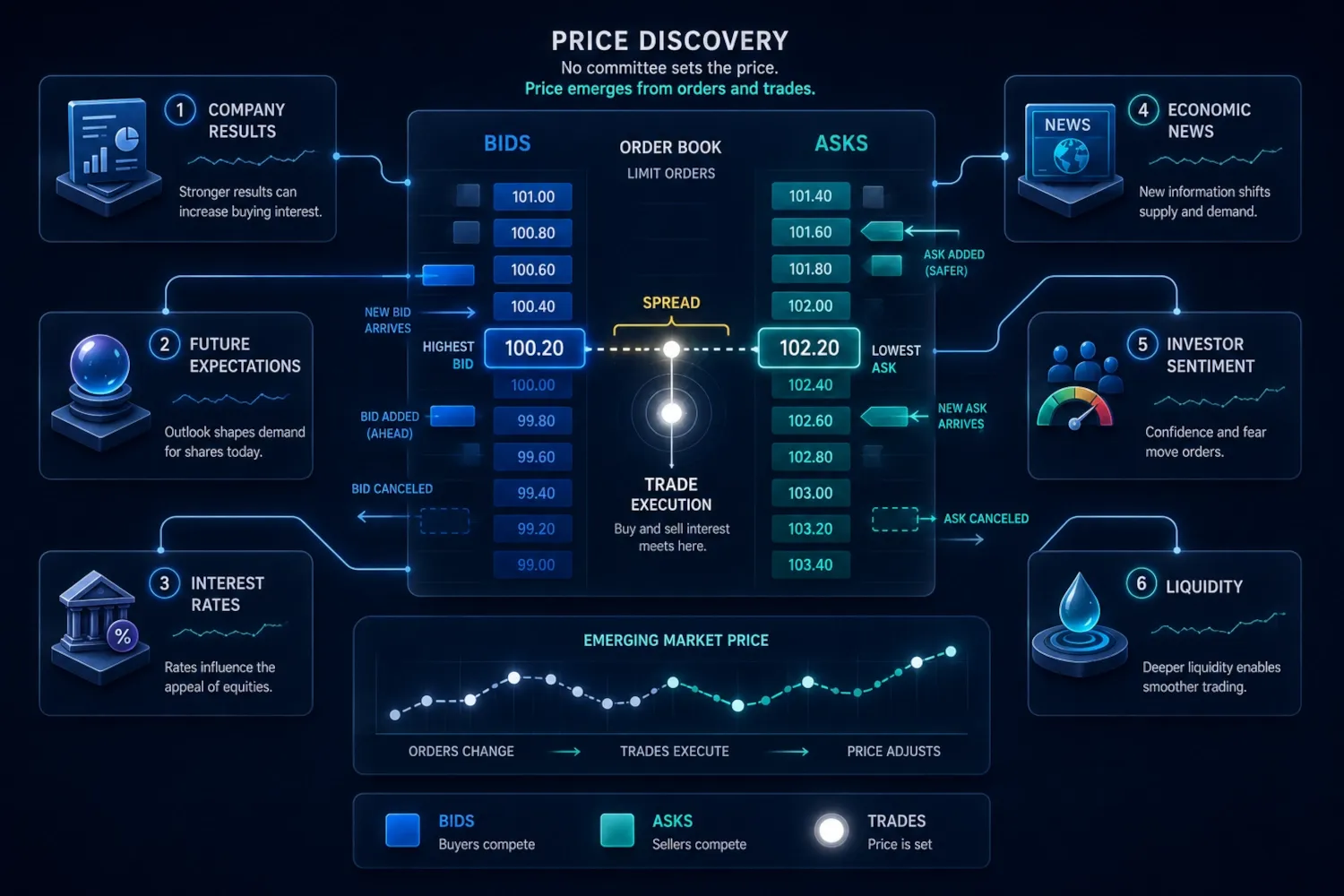 Order book showing bids, asks, bid-ask spread and the price where a stock trade executes