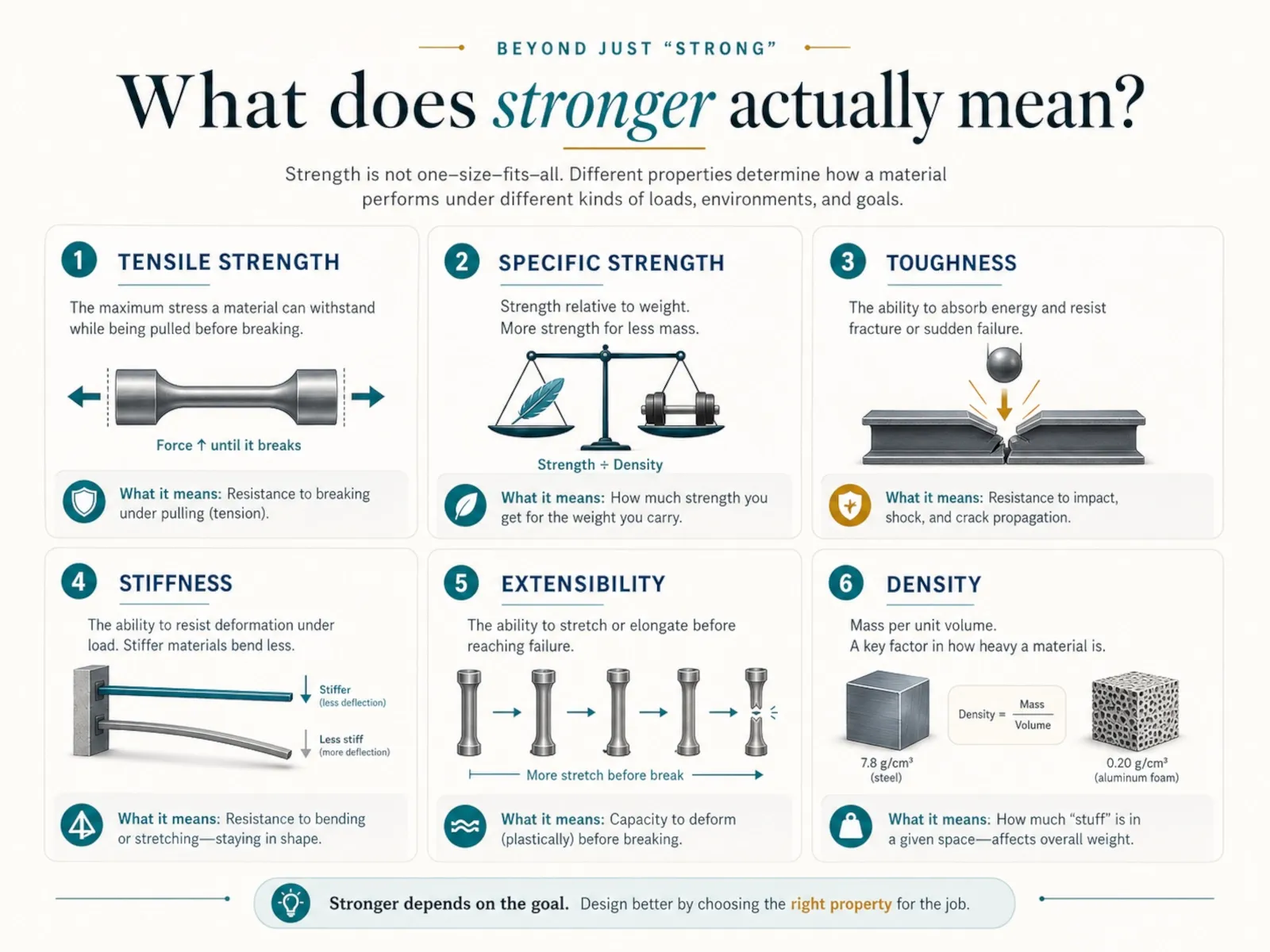 Infographic explaining tensile strength, specific strength, toughness, stiffness, extensibility and density