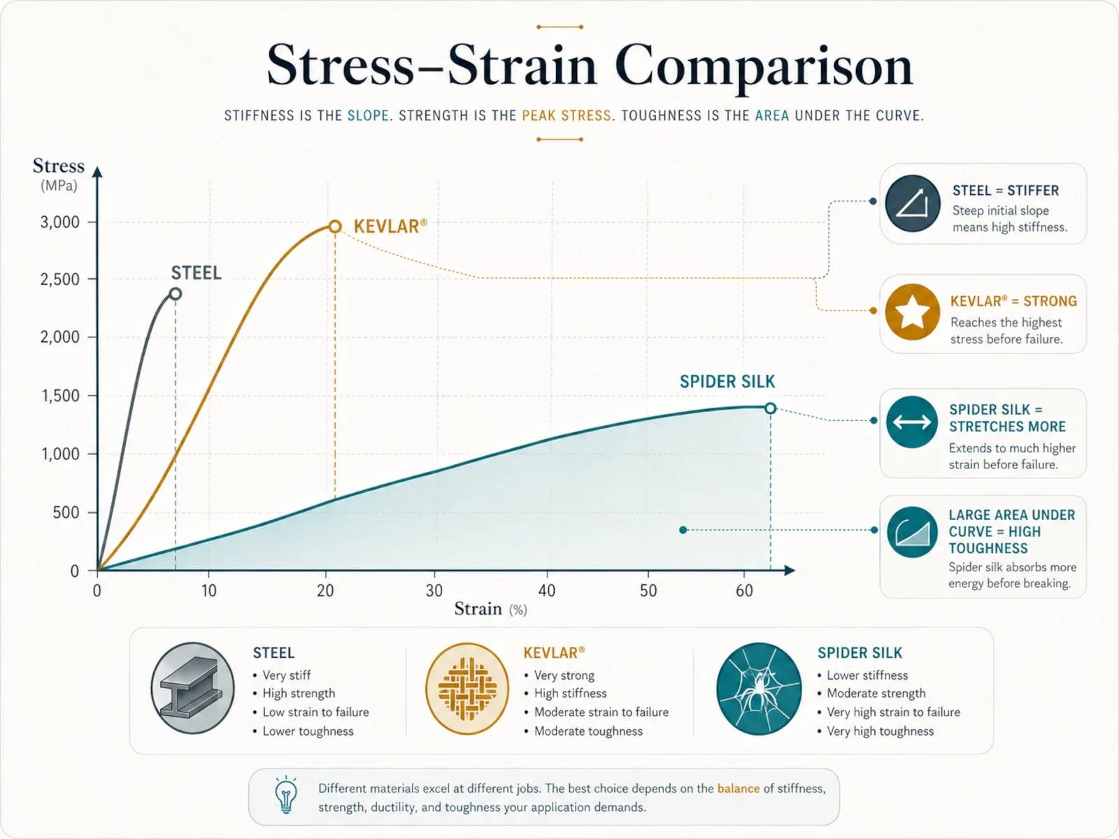 Conceptual stress-strain chart comparing spider silk, steel and Kevlar
