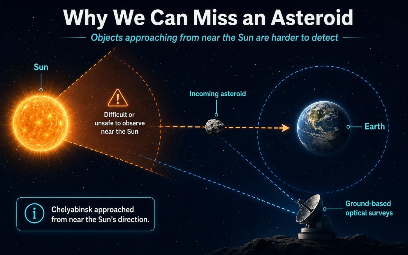 Diagram showing an asteroid approaching Earth from near the Sun where ground-based optical telescopes cannot safely observe