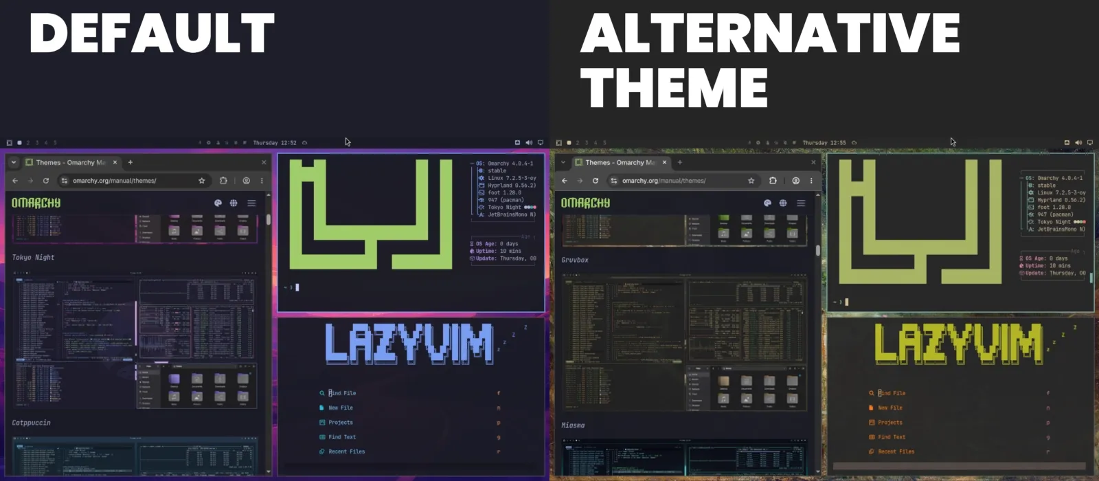 Two Omarchy Linux desktop themes showing system-wide visual customization