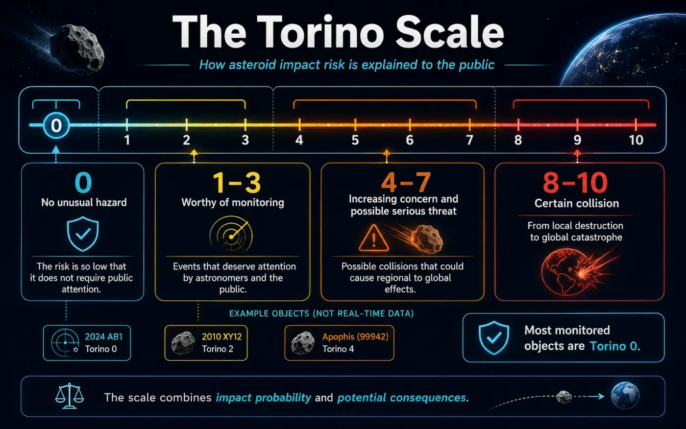 Infographic explaining the Torino Scale from 0 to 10 and emphasizing that most tracked risk-list objects are Level 0