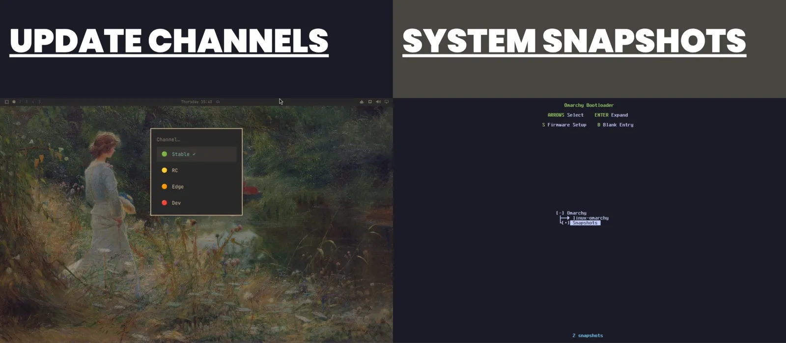 Omarchy Linux stable update channel and Btrfs system snapshot recovery tools