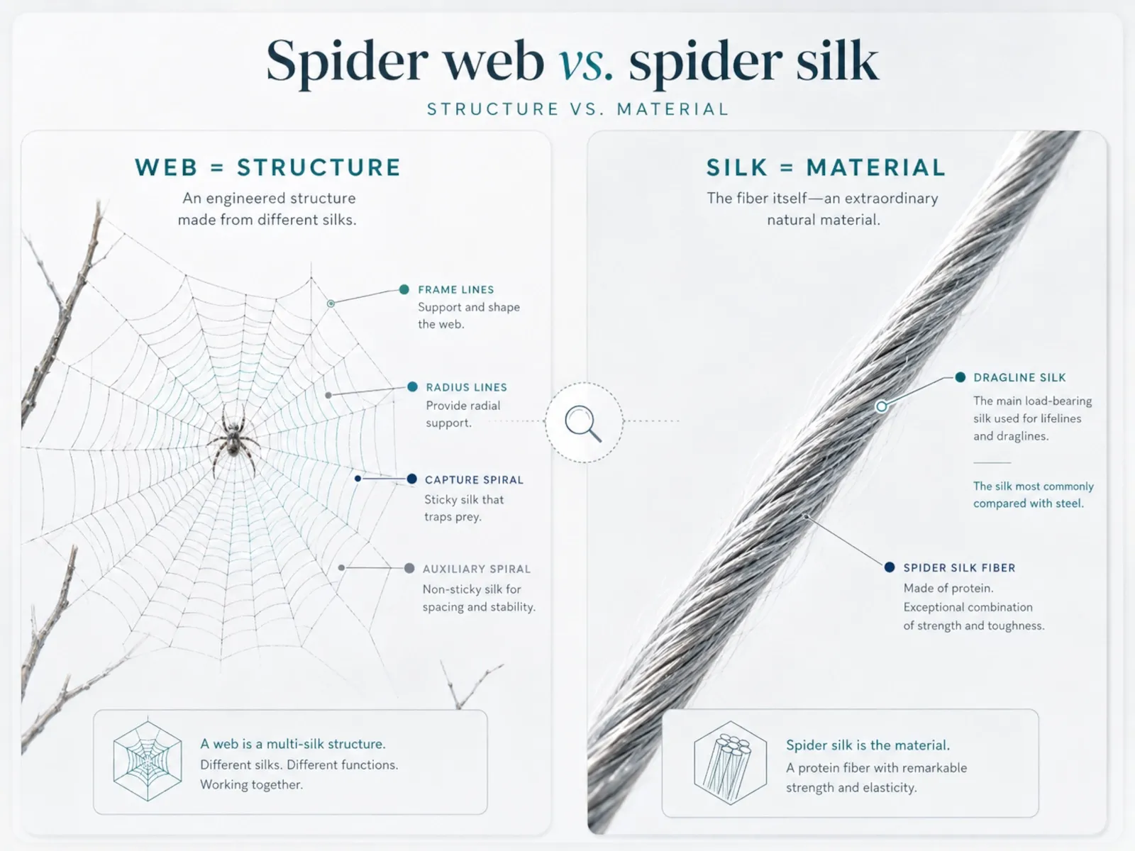 Diagram showing a spider web as a structure made from different silk types