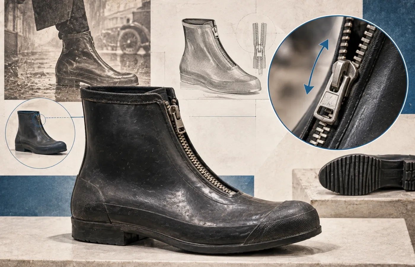 Early twentieth-century rubber overshoe with a slide fastener illustrating how the name zipper became popular