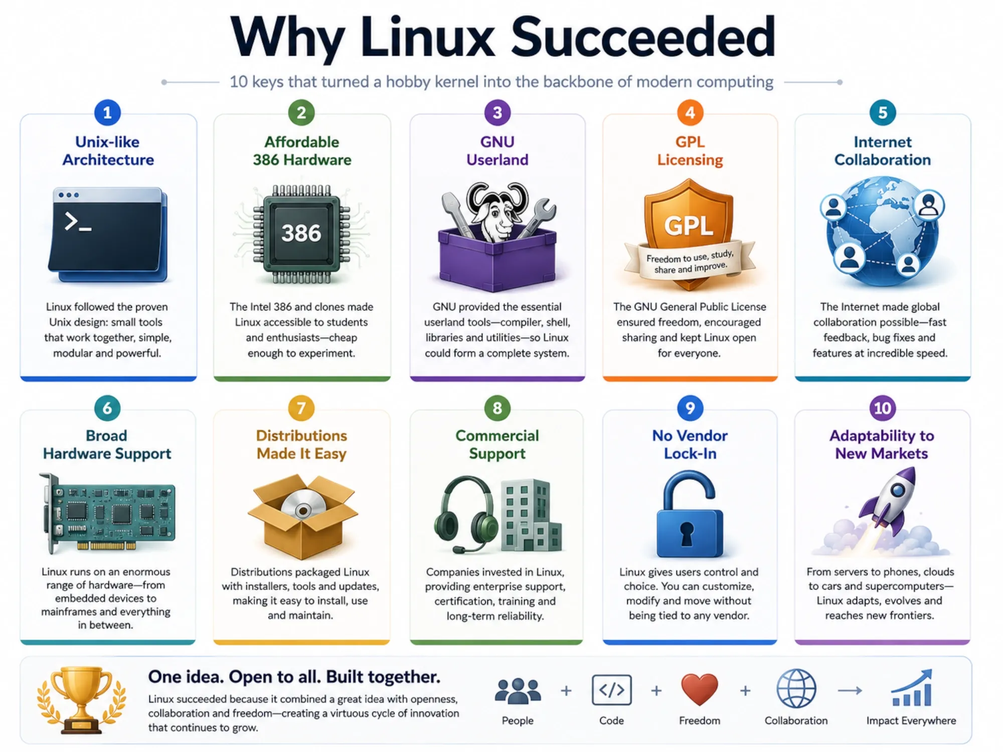 Infographic showing the main reasons Linux succeeded, including Unix roots, GNU tools, GPL licensing, Internet collaboration and commercial support.