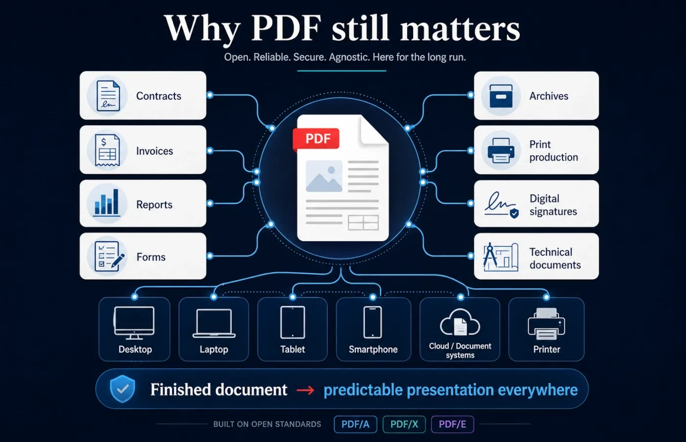 Modern PDF ecosystem showing documents used across business, archives, printing, signatures and devices