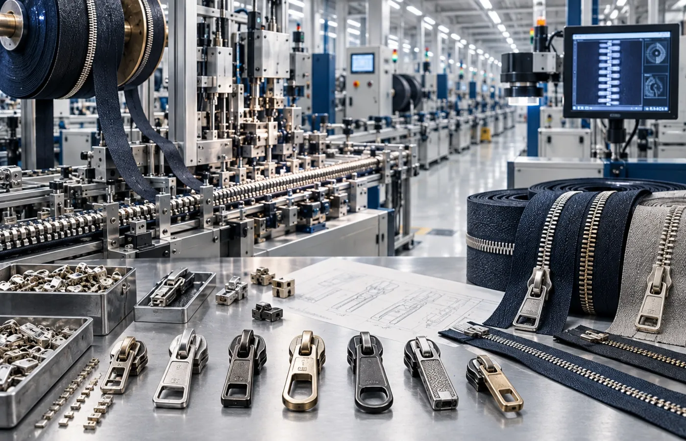 Modern zipper manufacturing scene explaining that YKK became a major producer after the zipper had already been invented