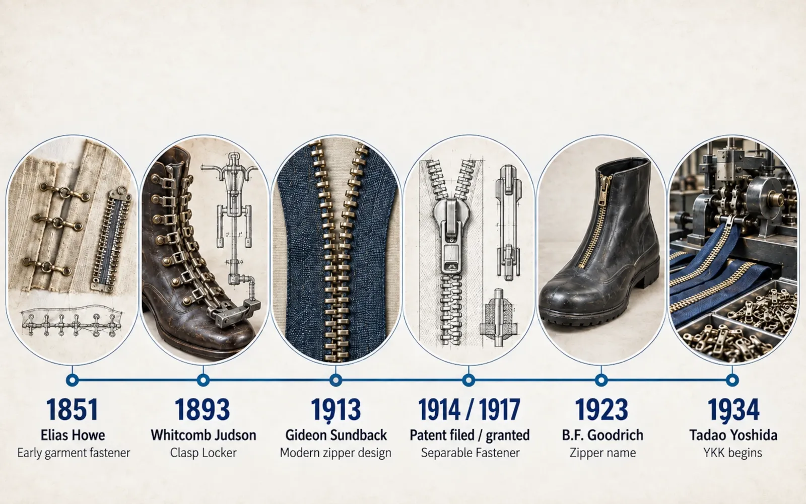 Timeline of zipper development from Elias Howe in 1851 to YKK in 1934